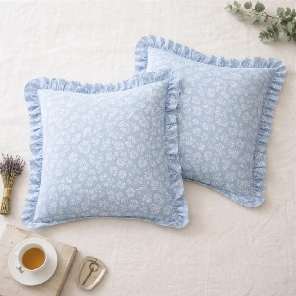 2 NWOT Laura Ashley VTG Euro Shams Light Blue Ground w White Botanical Sprig